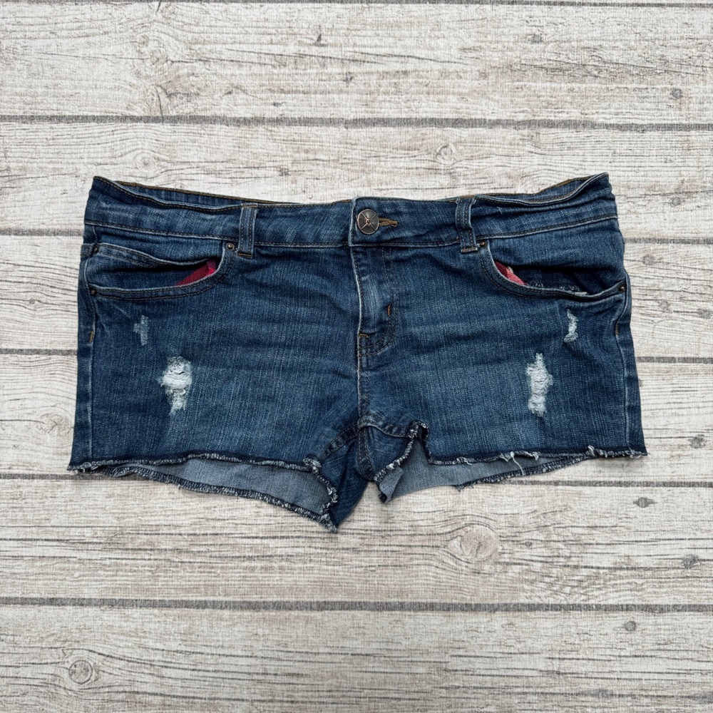 G21 Booty Shorts Womens 11 Dark Wash Denim Low Rise Cut Off Distressed Y2K Style
